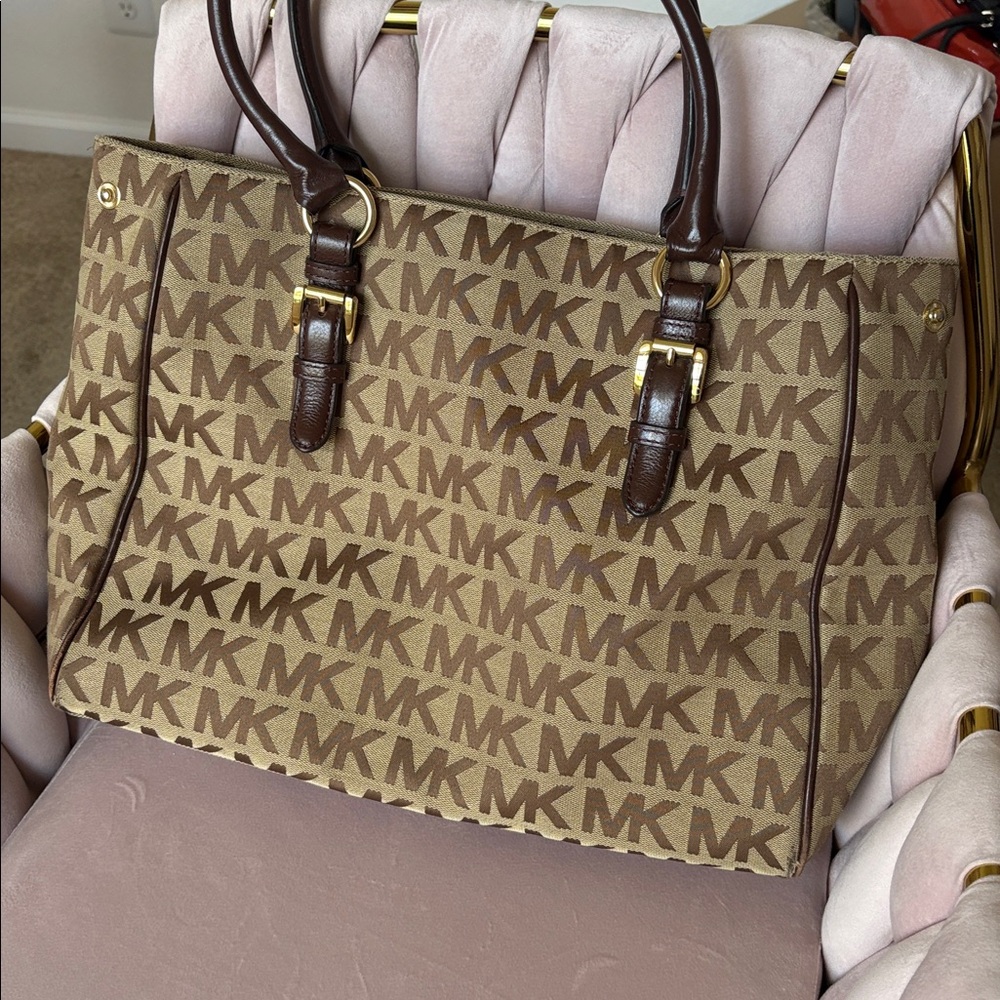 Michael Kors Brown and Tan Signature MK Jet Set Tote Bag